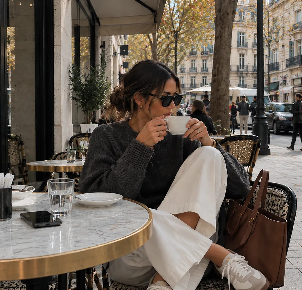 Clienta de una marca de ecommerce tomando un café en una terraza