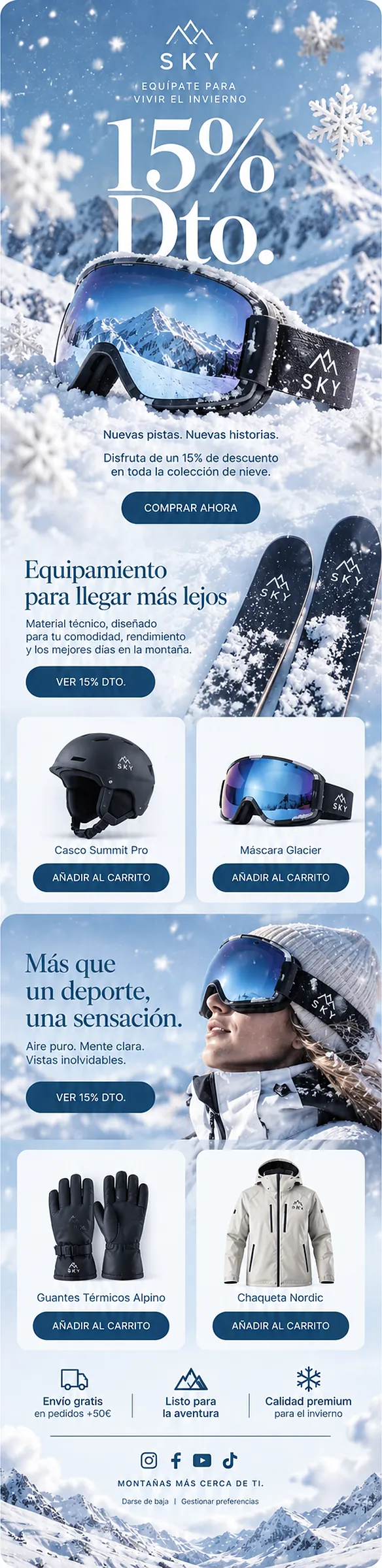 Pieza de email marketing para material de nieve: promoción de temporada con descuento